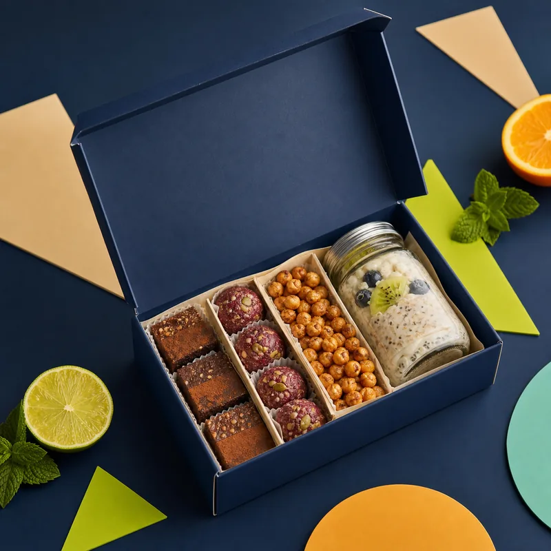 Caja abierta con barras, bocados de berry, garbanzos y avena