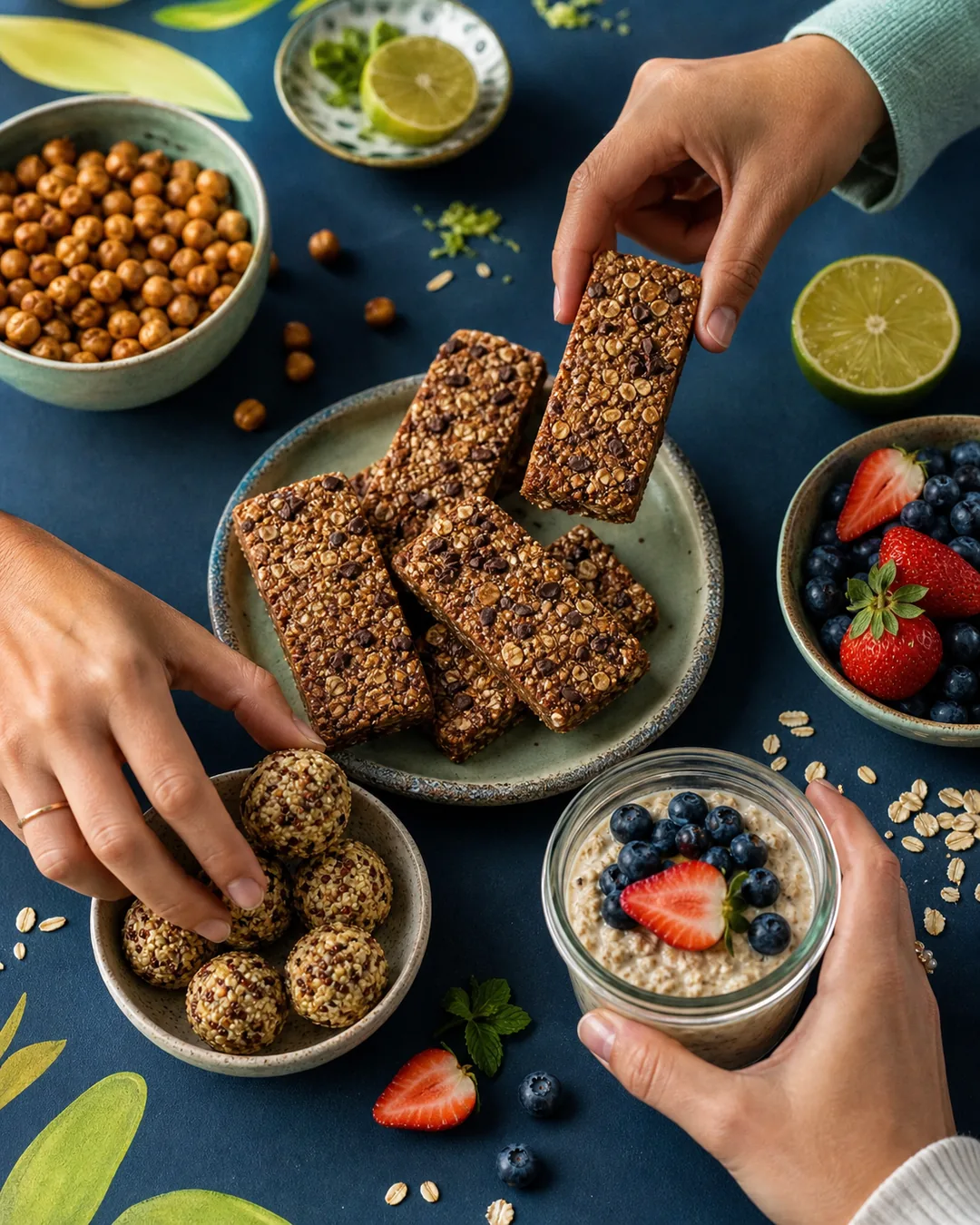 Personas compartiendo barras de avena, frutos rojos, garbanzos y overnight oats