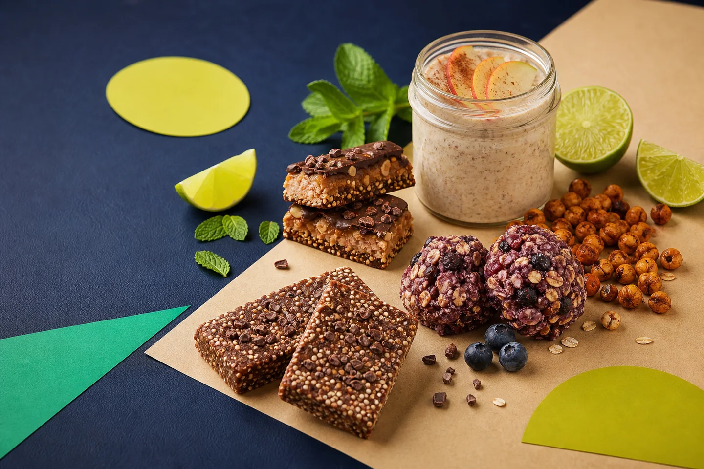 Selección de snacks saludables con cacao, berries, garbanzos, quinoa y avena