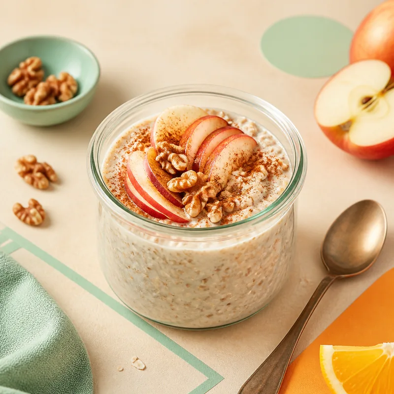 Vaso de avena remojada con manzana, canela y nueces