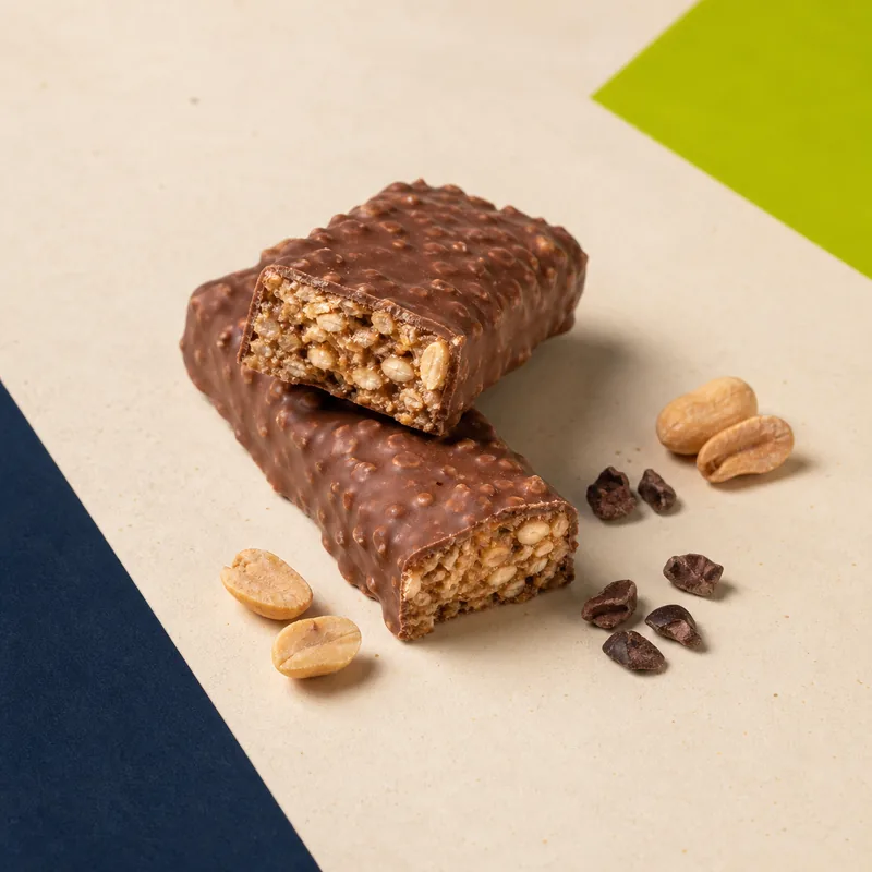 Barras de cacao y maní con avena, frutos secos y cacao nibs